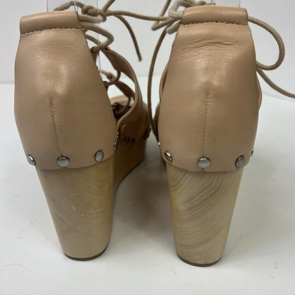 Loeffler Randall Ines Nude Lace Up Platform Wood Heel Sandals 9 Gladiator